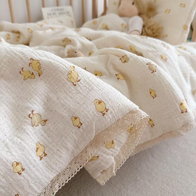BuLuTu Baby Toddler Muslin Blanket| Crib Baby Quilts| Cot Comforter| Nursery Bed Throw Blanket| Toddler Quilt Blanket | Soft Breathable | Super Cute Duck Pattern| 47x59 Inch,1.5 Pounds