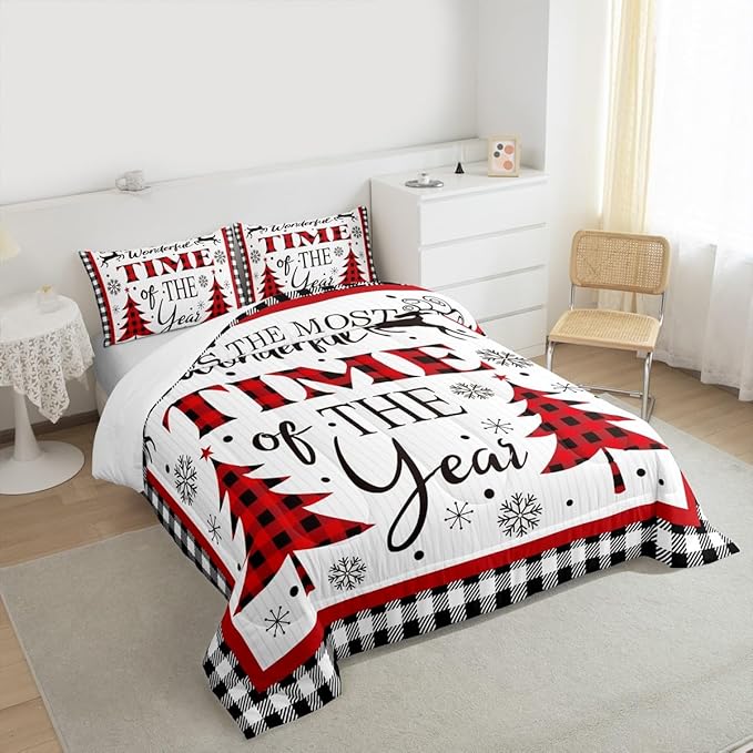 Merry Christmas Kids Comforter Set Queen Size,Snowflake Deer Pine Trees Romantic Bedding,Girls Boys Adults Bedroom/Xmas Cabin Decor,Grids Stylish Down Comforter,Rustic Duvet Insert,2 Pillowcases