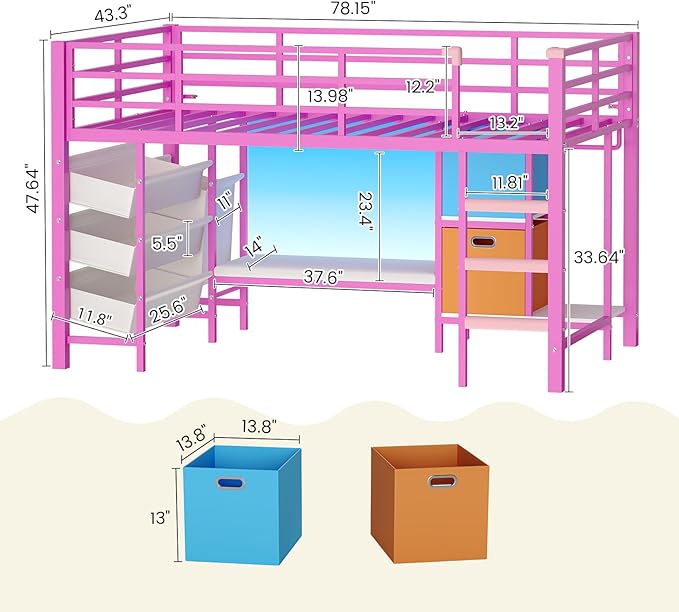 DICTAC Low Twin Size Loft Bed with Reading Corner and Bookshelf,Metal Twin Loft Bed with LED Lights,3 Sling Drawers&2 Movable Storage Bins,loft bed for Kids with 13.98"H Safety Guardrail & Stairs,Pink