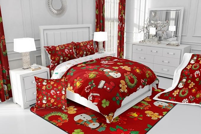 jejeloiu Merry Christmas Comforter Set Twin Size Cute Snowman Bedding Set for Kids Boys Girls Gingerbread Man Duvet Quilt Red Bedroom Decor