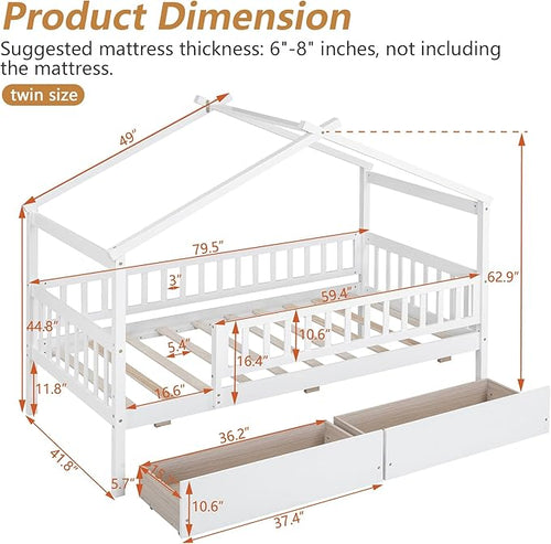 Aoowow Twin Size House Bed with Storage Drawers,Kids Wooden Bed Frame Twin House Bed with Slats and Fence for Boys Girls Teens for Bedroom(White)