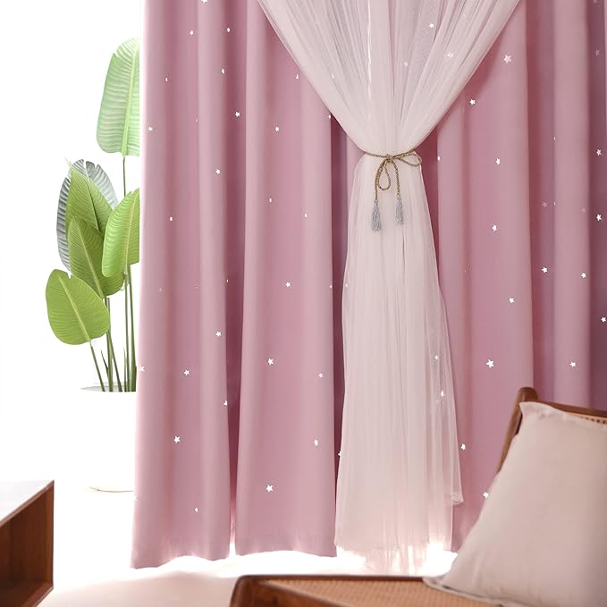 Kinryb Princess Curtains for Girls Bedroom with Sheer Overlay,Double Layer Curtain for Living Room with Star Cutout, Curtains for Kids Room (70 W*63 L Inches,2 Pcs Pink)