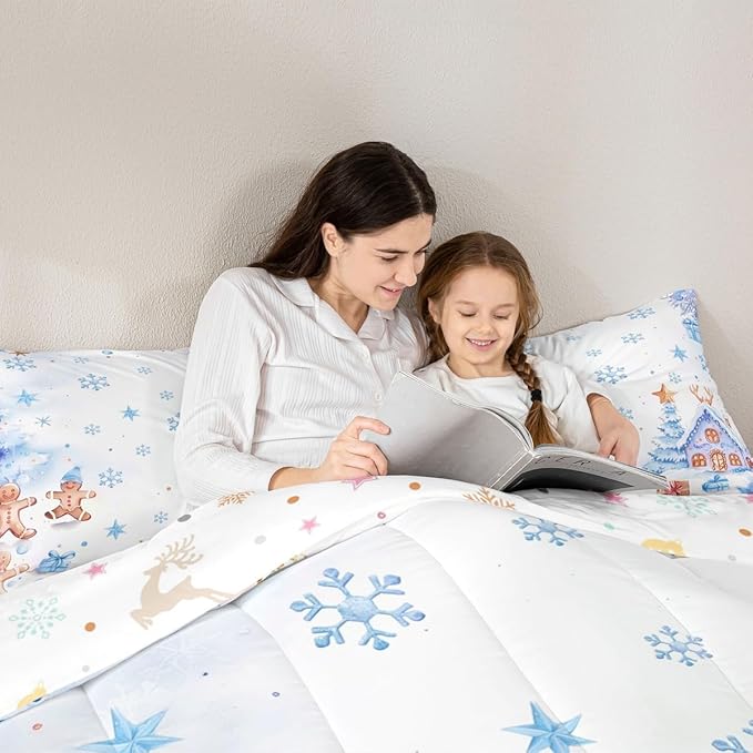 jejeloiu Kids Christmas Theme Comforter Set Queen Size Blue Xmas Gingerbread Man Bedding Set for Boys Girls Teens Candy House Snowflake Winter Happy New Year Duvet Quilt Room Decor