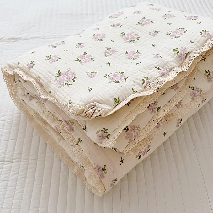 BuLuTu Purple Flower Baby Quilts for Kids Muslin Comforter Large Thin Summer Quilt for Crib/Cradle/Cot, Floral Muslin Toddler Blanket Purple Perilla Pattern, 60x78 Inch