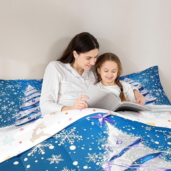 Feelyou Merry Christmas Kids Comforter Set Full Size Christmas Tree Bedding Set Snowflake Duvet Quilt for Kids Boys Girls Bedroom Winter Decor Microfiber Ultra Soft Breathable