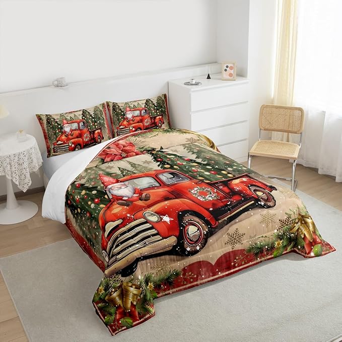 Manfei Red Truck Comforter Set Twin Size, Xmas Trees Santa Claus Snowflake Bedding Set 2pcs for Kids Boys Girls Room Decor, Christmas Theme Down Comforter New Year Quilt Set with 1 Pillowcase
