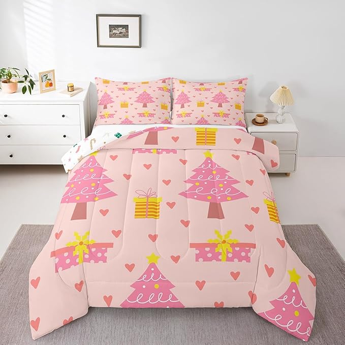 Erosebridal Merry Xmas Quilts Twin Size Pink Christmas Tree Comforter Set Reversible Cartoon Style Bedding Set Happy New Year Duvet Insert for Boys Kids Bedroom Decor with 1 Pillow Case