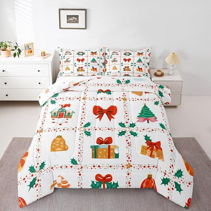 Feelyou Christmas Decor Kids Comforter Set King Size Red Bowknot Bedding Set New Year Gift Duvet Quilt for Kids Boys Girls Bedroom Happy New Year Decor Microfiber Ultra Soft Breathable