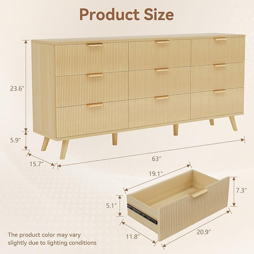 63" Long Fluted 9 Drawer Dresser for Bedroom - Modern Chest of Drawers - Natural Wood Dresser - Boho Storage Wood Organizer for Living Room, Hallway, Closet