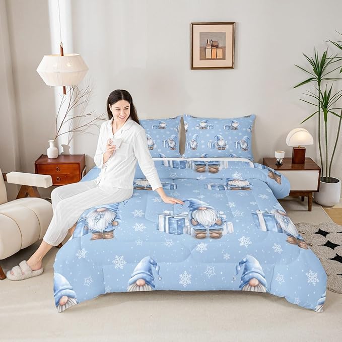 Feelyou Blue Christmas Comforter Set Queen Size Scandinavian Christmas Santa Gnomes Bedding Set for Kids Boys Girls Xmas Snowflake Duvet Quilt Bedroom Decor 3 Pcs with 2 Pillow Cases