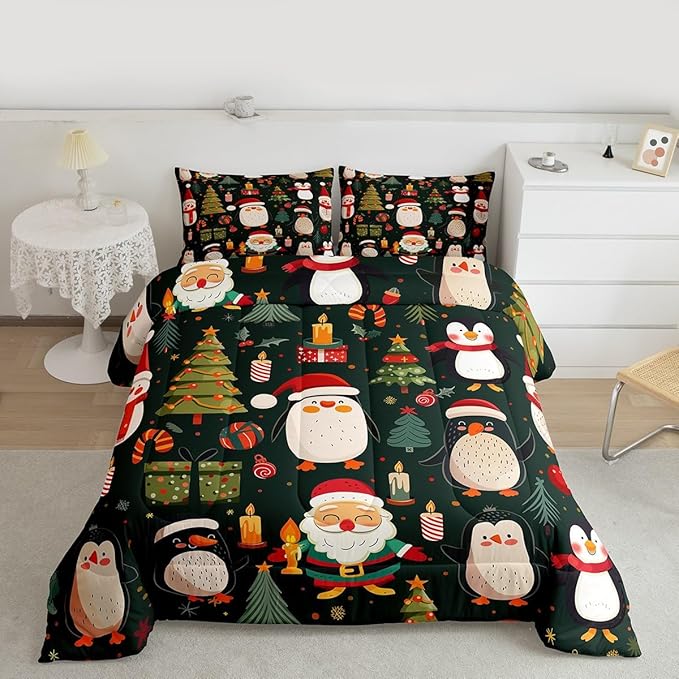Feelyou Christmas Bedding Set Soft for Boys Girls, Penguin Santa Comforter Set Full Size Xmas Tree Snowflake Duvet Quilt Microfiber New Year Gift Bedroom Decor 3 Pcs with 2 Pillow Cases