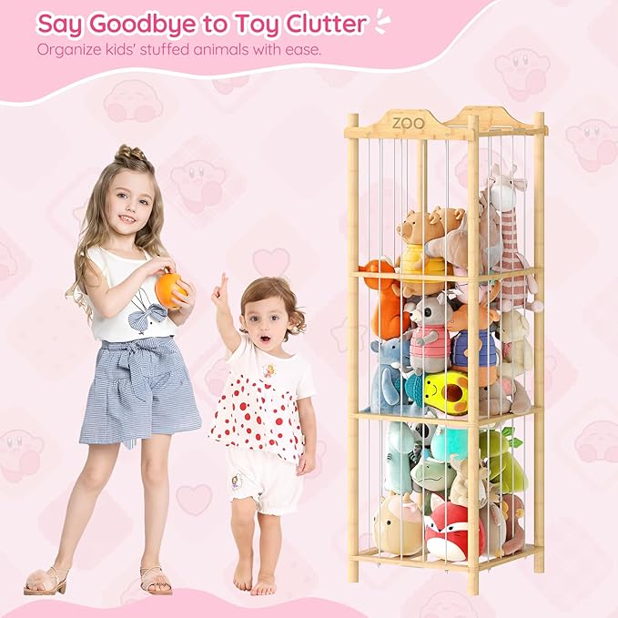 HOOBRO Stuffed Animal Storage & Organizer, Bamboo Stuffed Animal Holder, Plush Toy Storage Organizer for Playroom, Living Room, Nursery, Natural YL65CW01