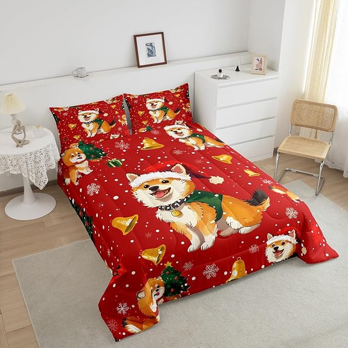 Cartoon Dog Comforter Set Twin Size,Bell Christmas Tree Star Snowflake Bedding Set for Kids Boys Girls Room Decor,Cute Corgi Xmas Theme Quilt Set 2Pcs,Merry Christmas Red Duvet Insert,1 Pillowcase