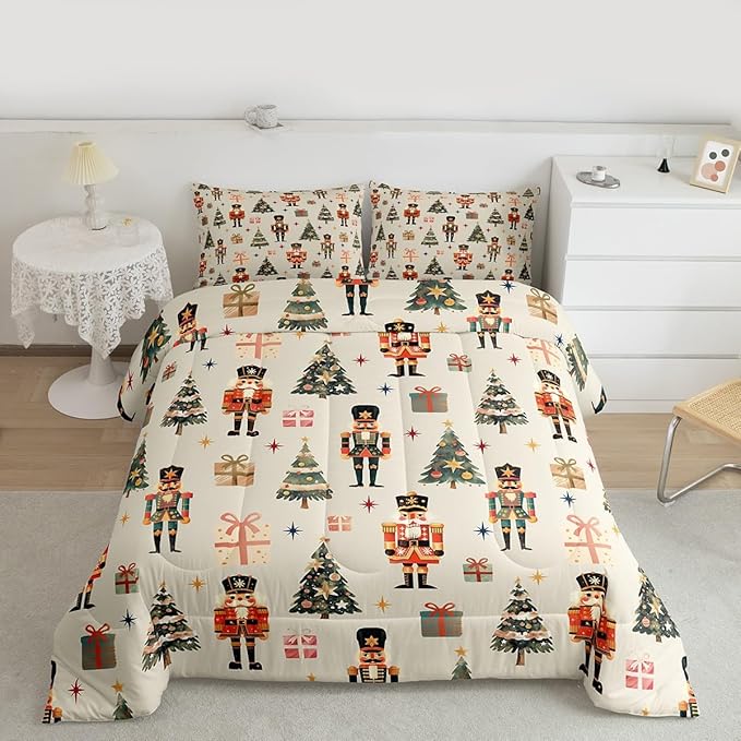 jejeloiu Xmas Nutcracker Comforter Set Queen Size Christmas Beige Bedding Set for Kids Boys Girls Cute Snowflakes Duvet Quilt Bedroom Decor