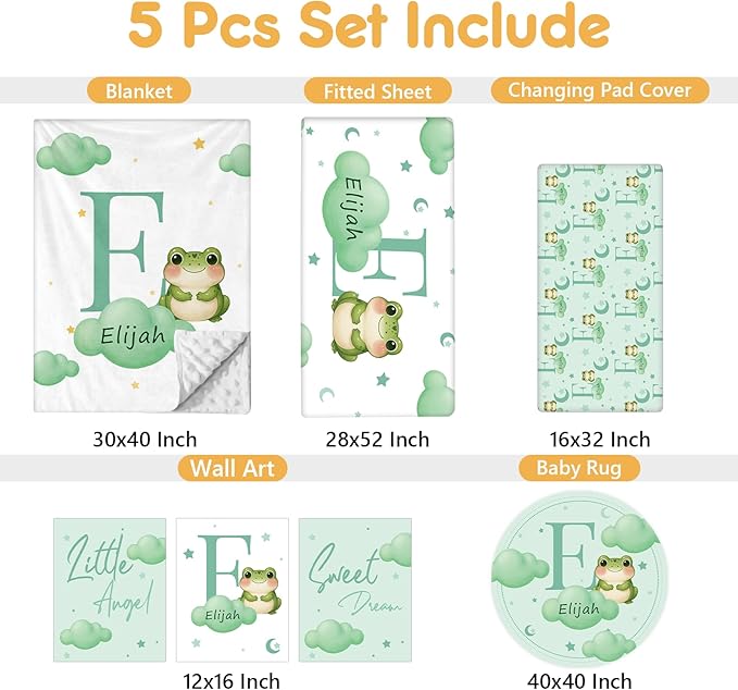 5 Piece Customized Crib Bedding Set for Baby Boys - Custom Name Baby Crib Green Frog Nursery Bedding Set with Soft Blanket, Fitted Sheet, Rug, Personalized Gifts for Toddler, Newborn, Infant