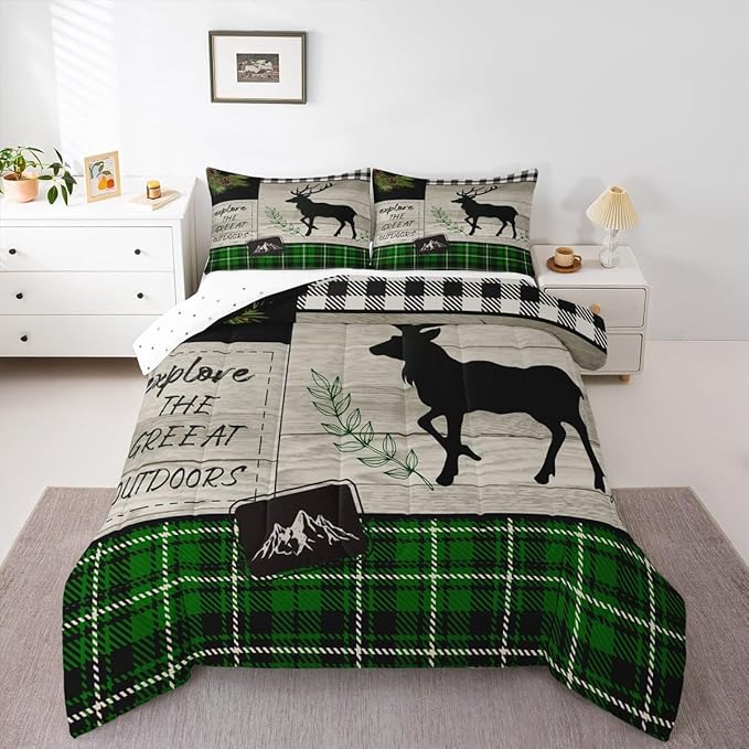 Elk Silhouette Kids Comforter Set Twin Size,Palm Leaves Old Plank Bedding,Girls Boys Adults Bedroom/Xmas Cabin Decor,Camper Explore Down Comforter,Geometric Grids Plaid Duvet Insert,1 Pillowcase