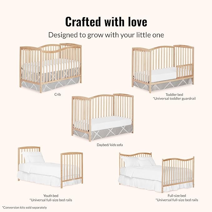 Dream On Me Chelsea 5-in-1 Convertible Full-Size Baby Crib in Natural, GreenGuard Gold & JPMA, Pinewood, 4 Mattress Heights, Converts to Toddler, Day & Full-Size Bed, Modern Classic Nursery