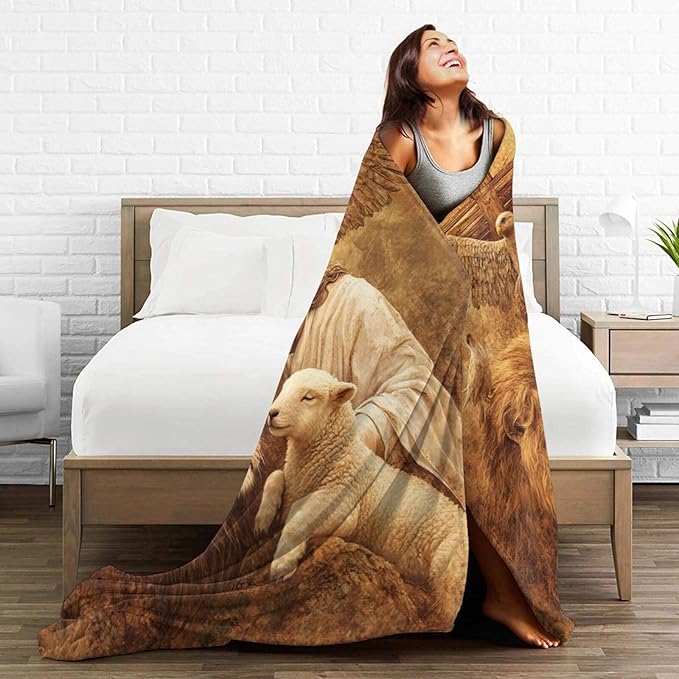 Jesus Blanket Lion Lamb Throws Christian Cross Print Plush Fuzzy Fleece Blankets Gifts for Girls Boys Women Super Soft Warm Cozy God Eagle Stuff for Men Women Couch Bed Sofa Bedding Decor 60"x50"