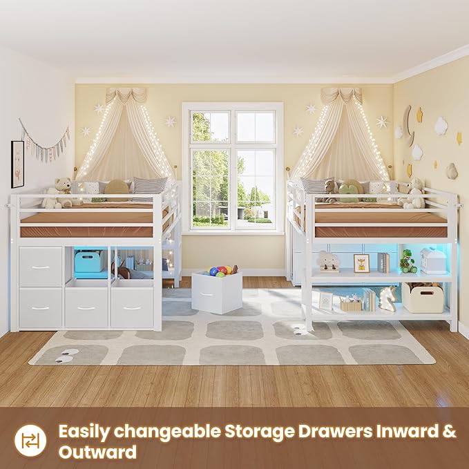 BTHFST Low Loft Bed Twin Size with 6 Storage Drawers, LED Lights, 2 Tier Storage Shelves, Kids Metal Loft Bed with 15" H Stairs & Safety Guardrail, Spave Saving, White