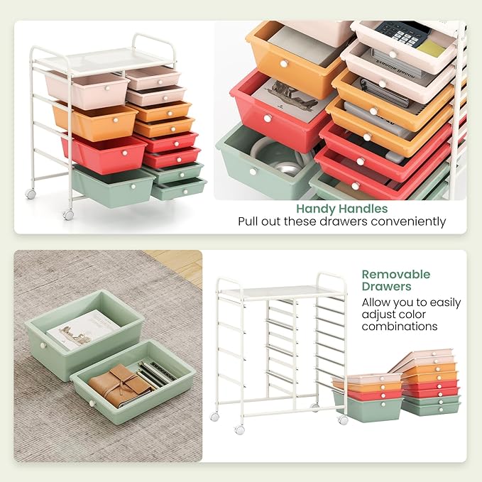 RELAX4LIFE 12-Drawer Rolling Storage Cart - Mobile Utility Drawer Carts with Wheels, Craft Organizers Cart for Classroom Organization and Storage, Home, School, Office