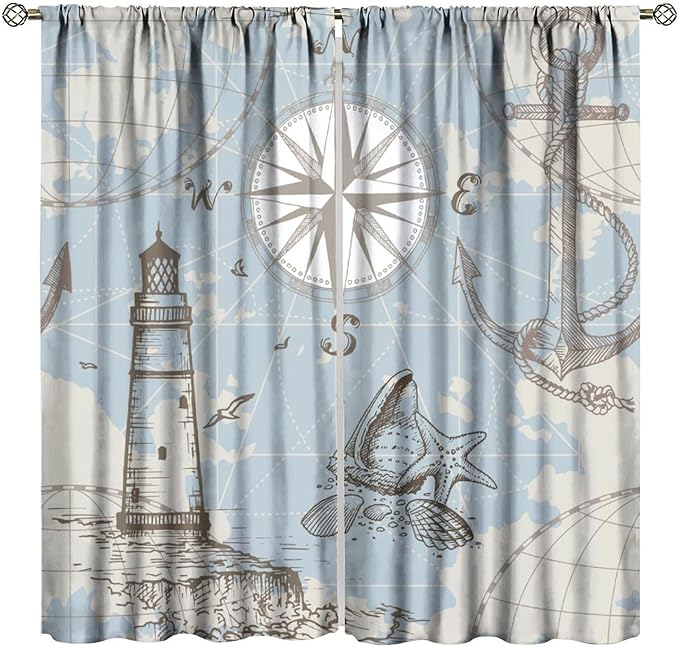 Nautical Costal Curtains, Compass Lighthouse Anchor Sailboat Pattern Blackout Print Home Bedroom Living Room Window Treatments 2 Panel Set 42x63 Inch