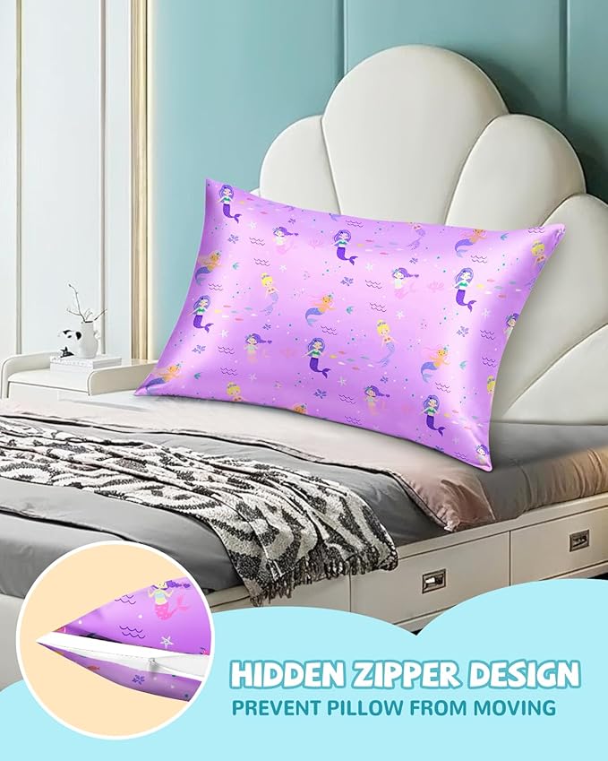 Silk Pillowcase for Kids - 30 x 20 Inches Queen Size Mulberry Silk Pillow Case with Zipper Cute Cartoon Kawaii Teens Girls Boys Pillowcase for Hair and Skin, Purple Hair Mermaid