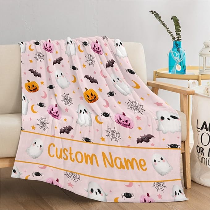 Custom Halloween Plush Cozy Blanket | Personalized Ghost Name Blanket for Boys Girls | 50"x60" Teens/Travel Size