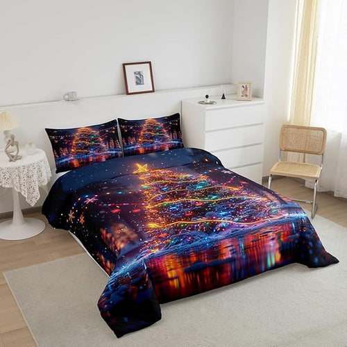 3D Christmas Tree Bedding Set Full Size,Snowflake Glitter Polka Dot Comforter Set for Kids Boys Girls Room Decor,Merry Christmas Duvet Insert 3Pcs,Xmas Neon Style Fashion Quilt Set,2 Pillowcases