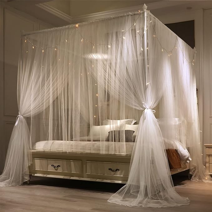 VETHIN 4 Corners Post Princess Bed Canopy Curtain Double Layer Cozy Drape Netting 4 Opening Mosquito Net for Girls & Adults Bedroom Decoration Accessories (Double White, 64" W*82" L*82"*H/(Queen))