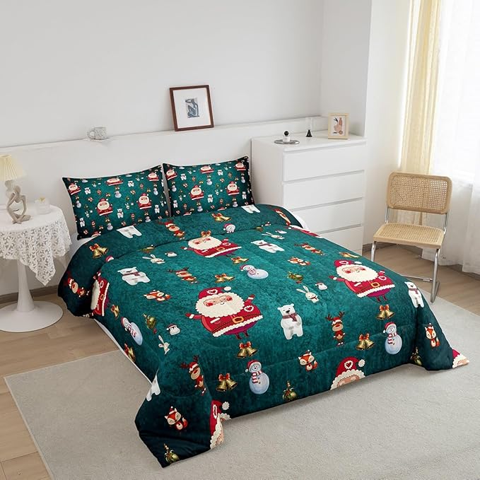 Christmas Comforter Set Cute Snowman Santa Claus Kids Decorations Bedding Set Boys Girls Bear Rabbit Comforter Christmas Bells Design Teal Blue Quilt with 2 Pillowcases 3Pcs Bedding Full