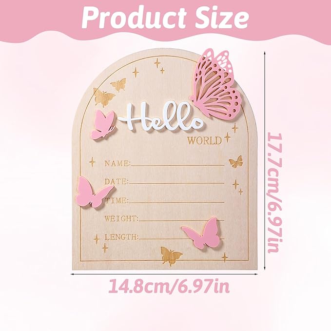 Hello World Newborn Sign, 5.83 × 6.97 Inch Pink Butterfly Baby Announcement Sign Wooden Birth Welcome Board for Newborn Boys Girls Photo Props Baby Shower Hospital Nursery