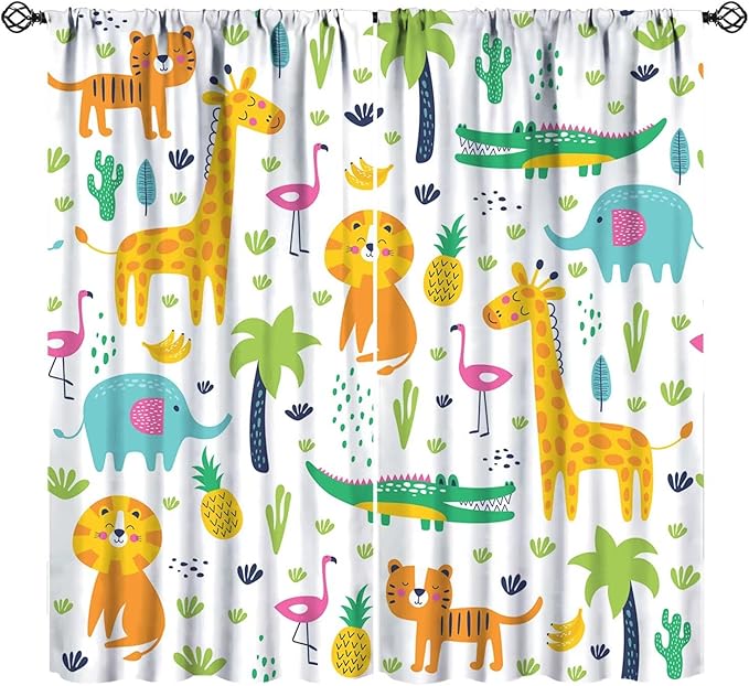 Kids Animals Blackout Curtains Cartoon Cute Abstract Fun Tropical Animals Art Printed for Children Girls Boys Bedroom Nursery Rod Pocket Decoration Window Drapes 2 Panels W36xL63in
