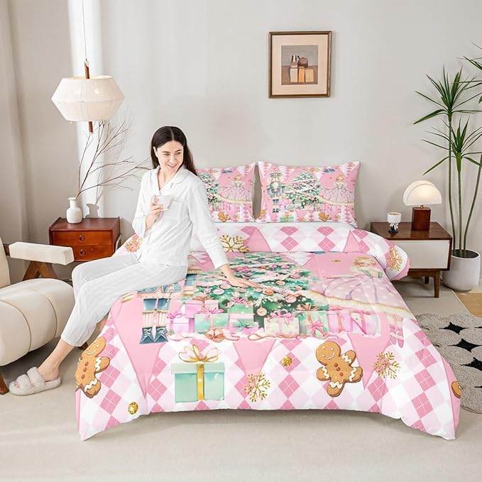 jejeloiu Christmas Nutcracker Comforter Set Toddler Size Gingerbread Man Bedding Set for Kids Boys Girls Xmas Tree Duvet Quilt Pink Bedroom Decor