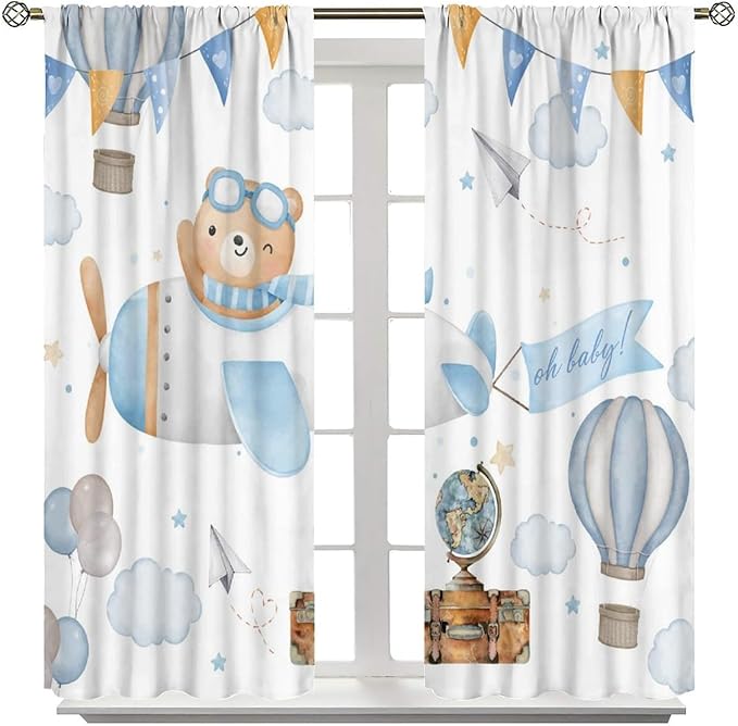 Blue Bear Curtains, Cute Lovely Bear Adventure Airplane Cloud Pastel Blackout Window Treatments, Rod Pocket Thermal Insulated Drapes 2 Panel Sets for Kids Bedroom Nursery Classroom, 52"W X 84"L