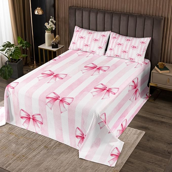 Pink Bowknot Kids Bedspread Queen Size,Bow Tie Geometric Stripe Coverlet Set,Girls Women Room Decor,Butterfly Knot Princess Style Fashion Quilted Coverlet,Pink Romantic Bedding Quilt,2 Pillowcases