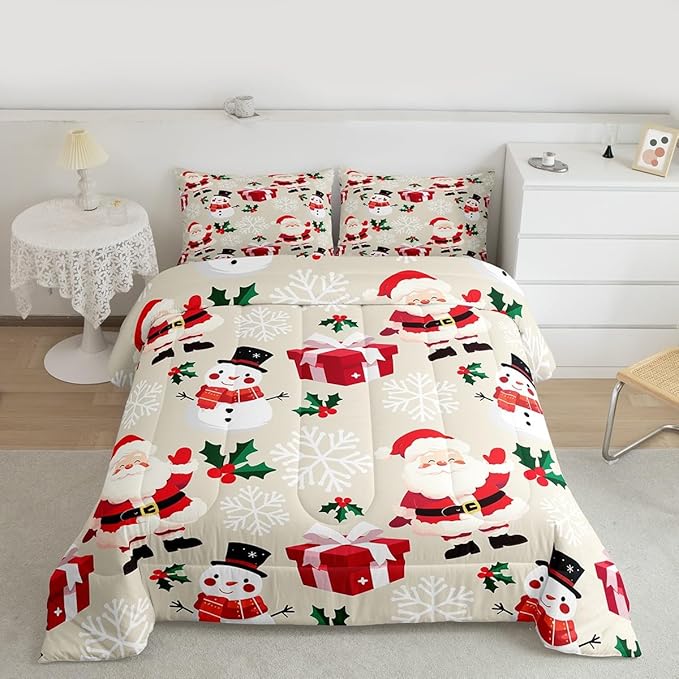 jejeloiu Merry Christmas Comforter Set Toddler Size Xmas Santa Claus Bedding Set for Kids Boys Girls Cute Snowman Duvet Quilt Beige Bedroom Decor