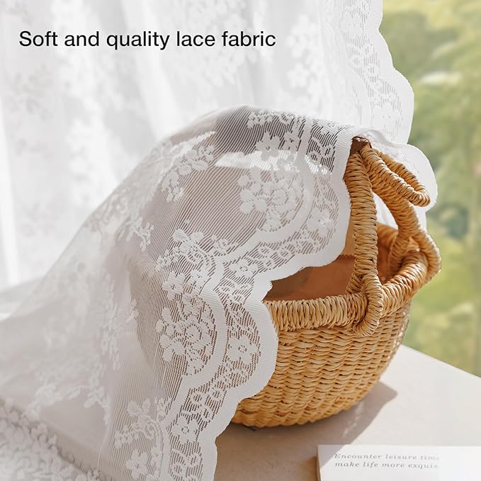Anmao Vintage Lace Curtains 54 Inches Long 2 Panels Set, Romantic Elegant Light Filtering Semi Sheer Floral Thick Lacy Curtain Drapes for Living Room and Bedroom, Each Panel 55W x 54L, Bright White