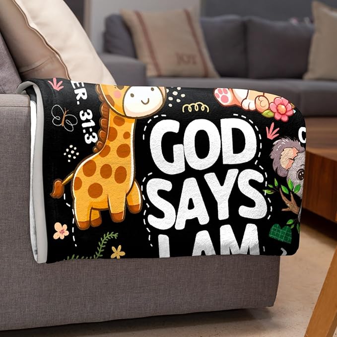 Bible Verse Blanket, Christian Gifts, God Says I am Blankets,Giraffe Lion Koala Elephant Print Animal Blankets, Cute Religious Baptism Gift for Son,Animals Lover Room Bed Decoration, 60"x80"