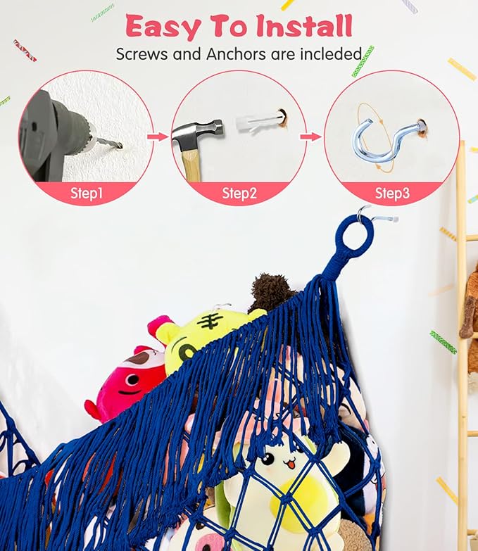 Stuffed Animal Hammock - Extra Large 63'' Long, Stuffed Animal Storage, stuffed animal Holder net, Toy Hammock Large, Toy Storage Hanging Organizer - Sapphire blue