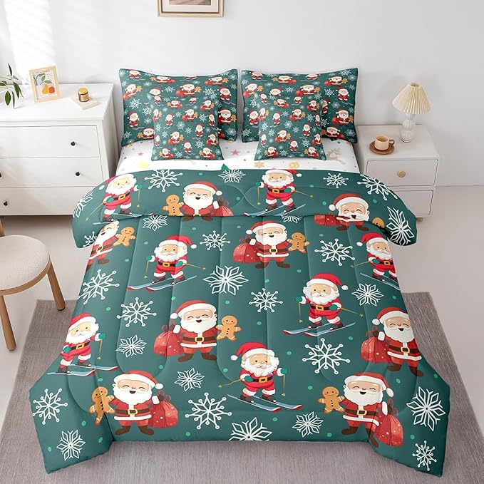 Erosebridal 7Pcs Cartoon Santa Claus Comforter Set King Size,Xmas Gingerbread Bedding Set,Christmas Snowboard Snowflake Bed in A Bag,Cute Christmas Ornaments Quilt with Flat Fitted Sheet