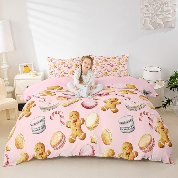 Feelyou Christmas Duvet Cover Toddler Size Cute Christmas Gingerbread Man Comforter Cover for Boys Girls Xmas Sweet Macarons Bedding Set 2Pcs Reversible Pink Room Decor