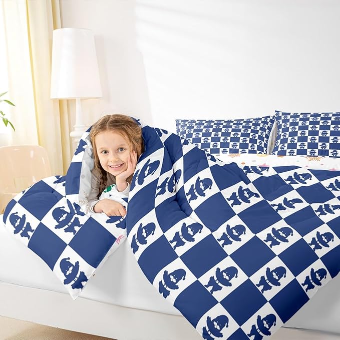 Feelyou Christmas Comforter Set Full Size Checkered Bedding Set for Kids Boys Girls Santa Claus Duvet Quilt Xmas Decorations Bedroom Decor Blue Microfiber 3 Pcs with 2 Pillow Cases
