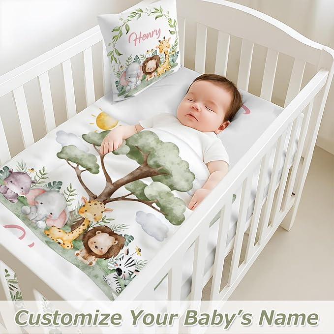Personalized Baby Crib Bedding Set,3 Piece Custom Name Nursery Set with Blanket, Fitted Sheet & Pillowcase for Baby Girls & Boys, Safari Friends Theme(Fixed Size)