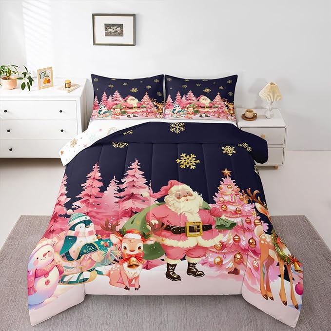 jejeloiu Merry Christmas Comforter Set Full Size Santa Claus Bedding Set for Kids Boys Girls Cute Deer Duvet Quilt Dark Blue Bedroom Decor