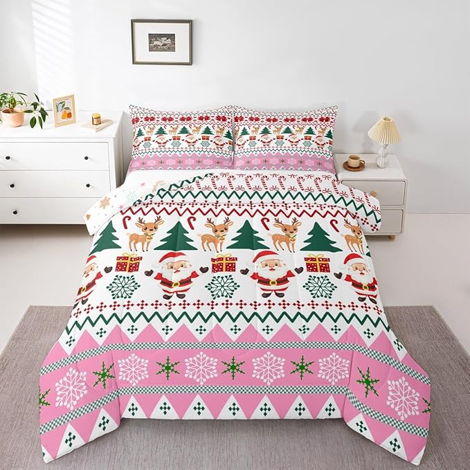 Feelyou Merry Christmas Comforter Set All Season Santa Claus Bedding Set with 1 Pillow Cases Cute Deer Microfiber Kids Twin Bedclothes Snowflake Bedroom Decor Duvet Quilt Breathable Soft