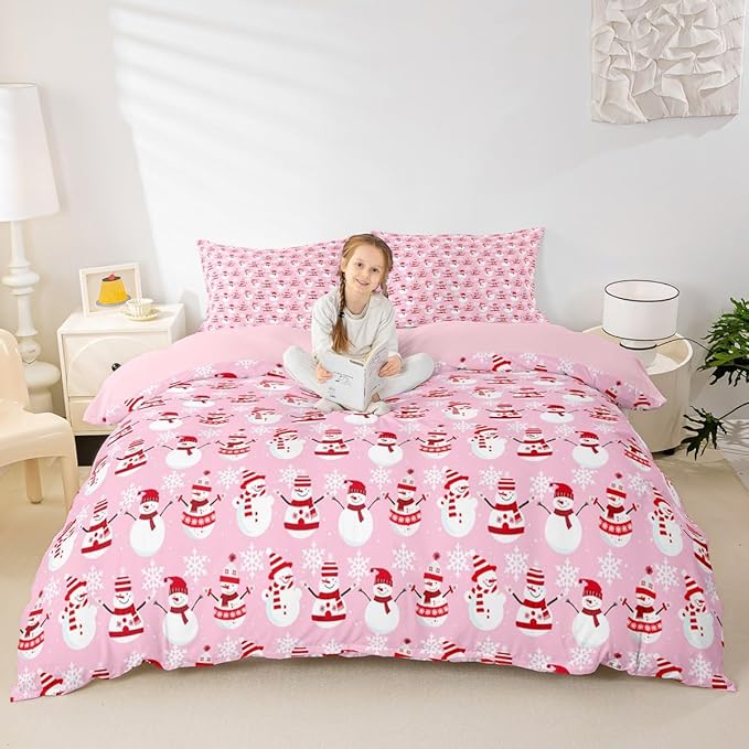 Christmas Bedding Duvet Cover Set Kids Cartoon Christmas Snowman Bedding Set Boys Girls Decor Snowflake Comforter Cover Set Microfiber Pink Xmas Theme Bedspread Cover Bedroom Bedclothes King Size