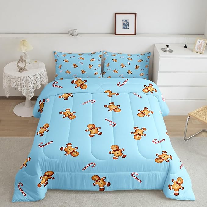 jejeloiu Kids Cute Gingerbread Man Comforter Set Full Size Christmas Theme Bedding Set for Boys Girls Teens Xmas Candy Cane Happy New Year Duvet Quilt Room Decor