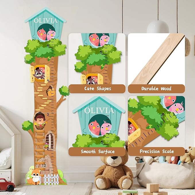 Personalized Wooden Growth Chart, Tree House Animals Height Chart for Kids Room, Wood Kids Measuring Chart, Nursery Growth Chart Ruler Measuring Board for Boys Girls