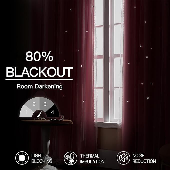 XiDi Pink Curtains with Sheer Overlay for Girls Bedroom 80% Blackout Double Layer Curtains for Nursery Kids Room Star Drapes with Tiebacks Room Darkening Grommet Window Treatment 2 Panels W34 X L63