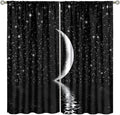 Night Starry Sky Curtain, Black Moon Phase Cloud Stars White New Moon Sparkly Shiny Galaxy Space Lake Fantasy Window Curtains for Kids Boys Girls Room Bedroom Living Room 63" W X 72" L